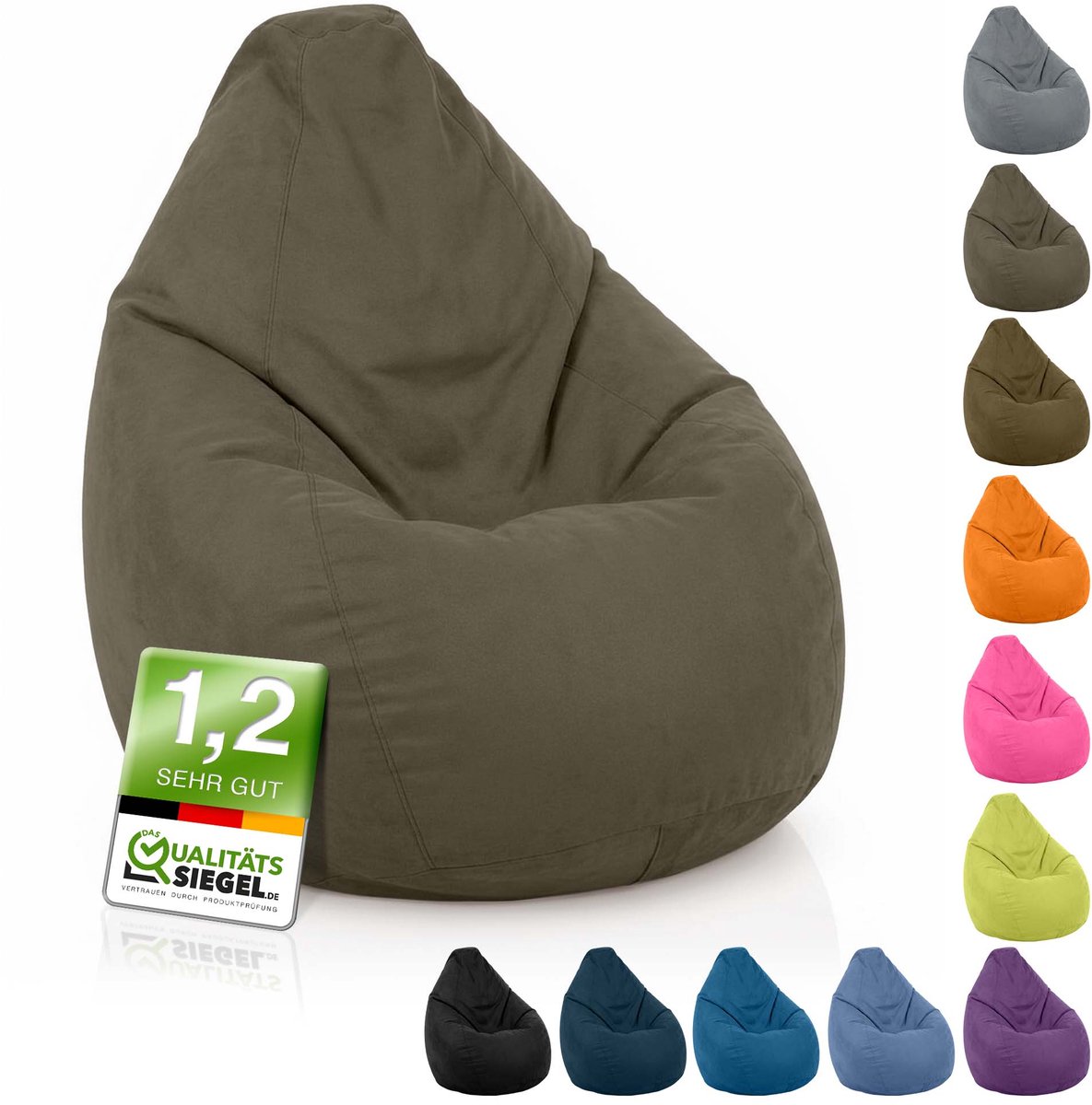 Green Bean® Zitzak met rugleuning "Drop" 60x60x90cm - Binnenzitkussen 220L EPS-korrelvulling - Khaki