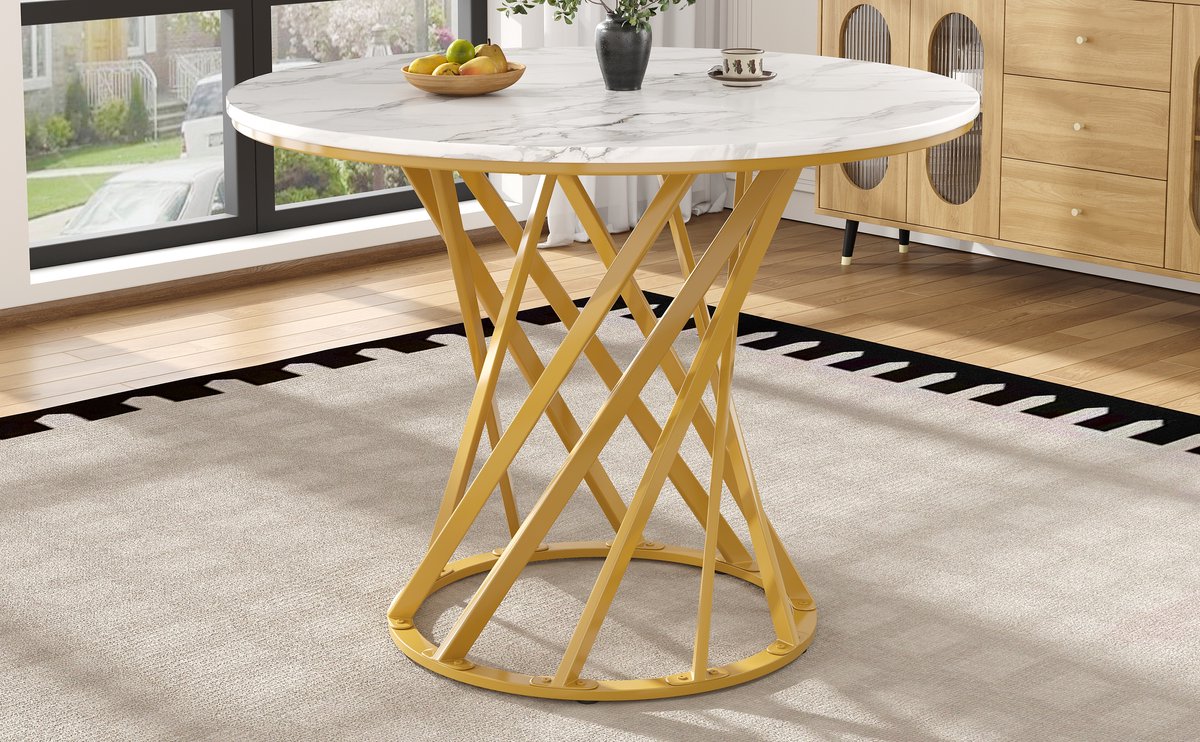 Wishdor Eettafel 80*80*76cm van MDF en metaal, modern ontwerp, goud-wit afwerking en stabiel onderstel Goud+Wit