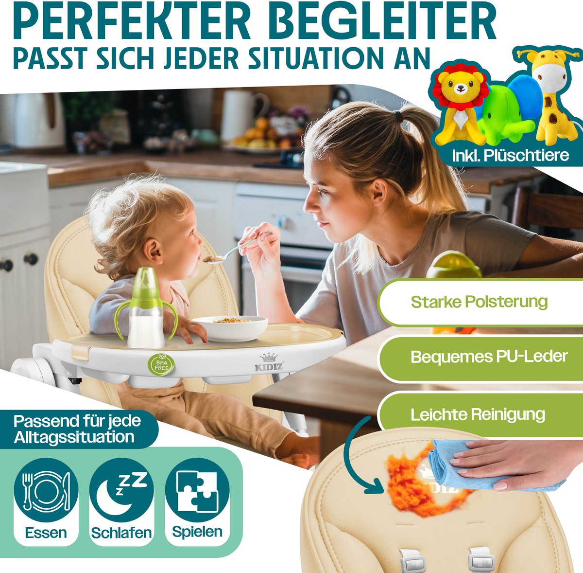 KIDIZ® 3in1 kinderstoel incl. speelbar, Eetstoel, Babystoel, combinatie kinderstoel, 7 in hoogte verstelbare rugleuning, meegroei van 0 maanden tot 6 jaar - Beige thumbnail 4