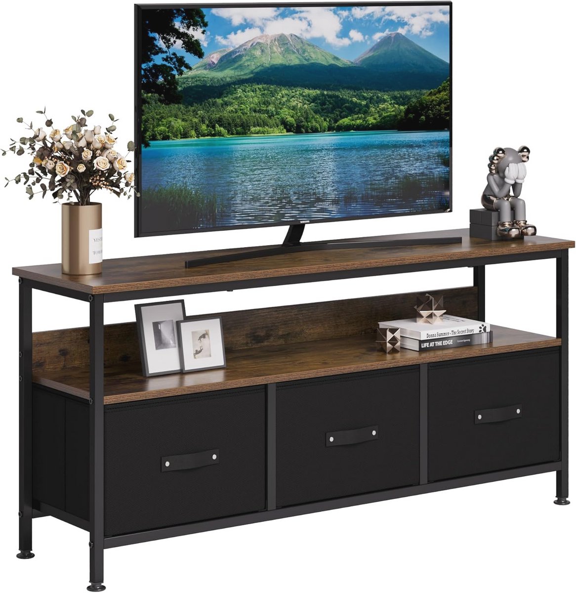 Houten TV-kast met Laden en Planken voor Televisies tot 55 Inch - Vintage Bruin-Zwart
