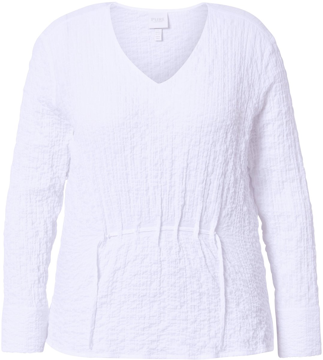 Ulla Popken - Dames - Tuniekblouse plooien V-hals lange mouw biologische katoen - Sneeuwwit - Maat 58+