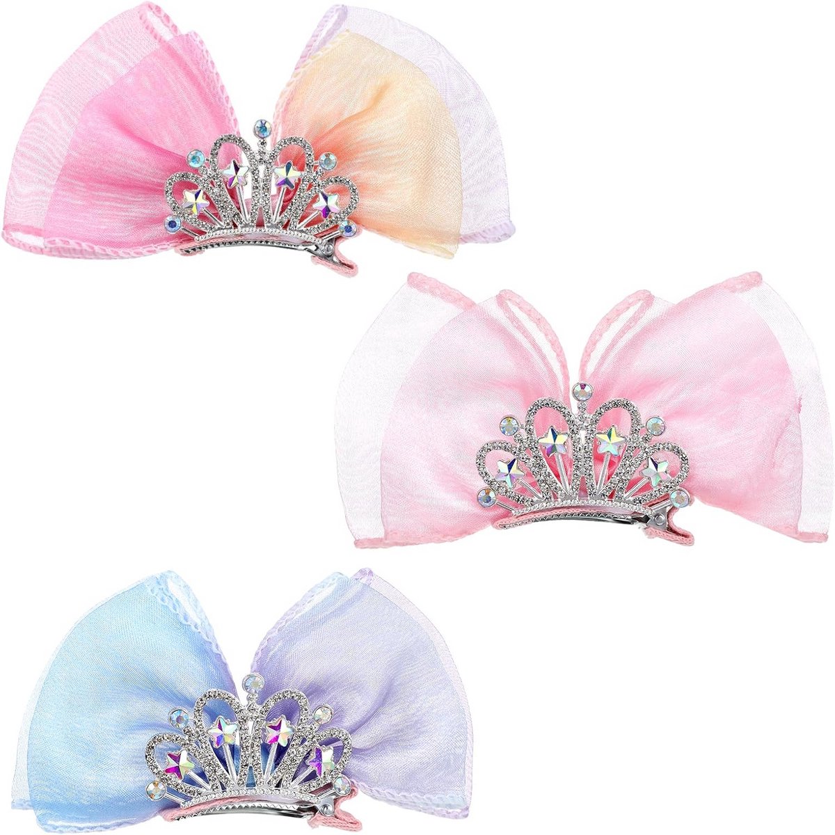 3x Haarspeldjes met Strik en Kroontje voor Meisjes - Glitter & Strass Accessoires