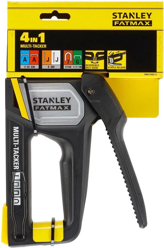 Stanley Fatmax 4-in-1 multi-tacker met zwarte, grijze en gele accenten. Met omkeerbare riemhaak en nieten herladen-indicator.