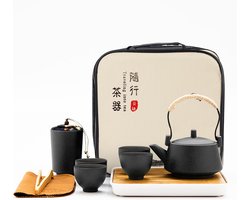 fanquare Japanese Tea Set, Chinese Gongfu Porcelain Tea Set, Portable Black Porcelain Tea Set with Teapot for Adults, Travel Gifts for Men