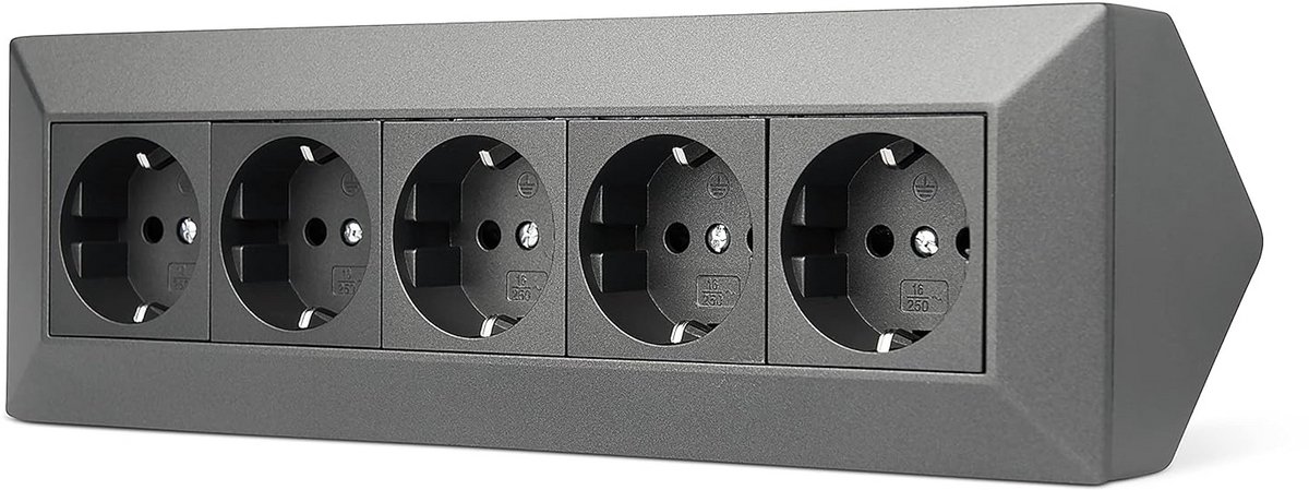 Meubelstopcontact 5-voudig voor keuken en kantoor - hoekstopcontact in antraciet van hoogwaardig kunststof, ideaal voor werkblad, tafelstopcontact of onderbouwstopcontact, 5 x stekkerelement