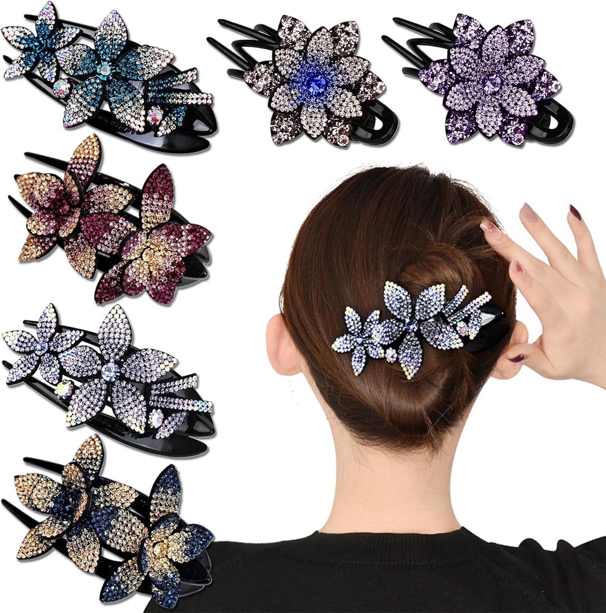 Set van 6 Elegante Dubbele Bloemen Haarspelden met Kristallen voor Dik Haar