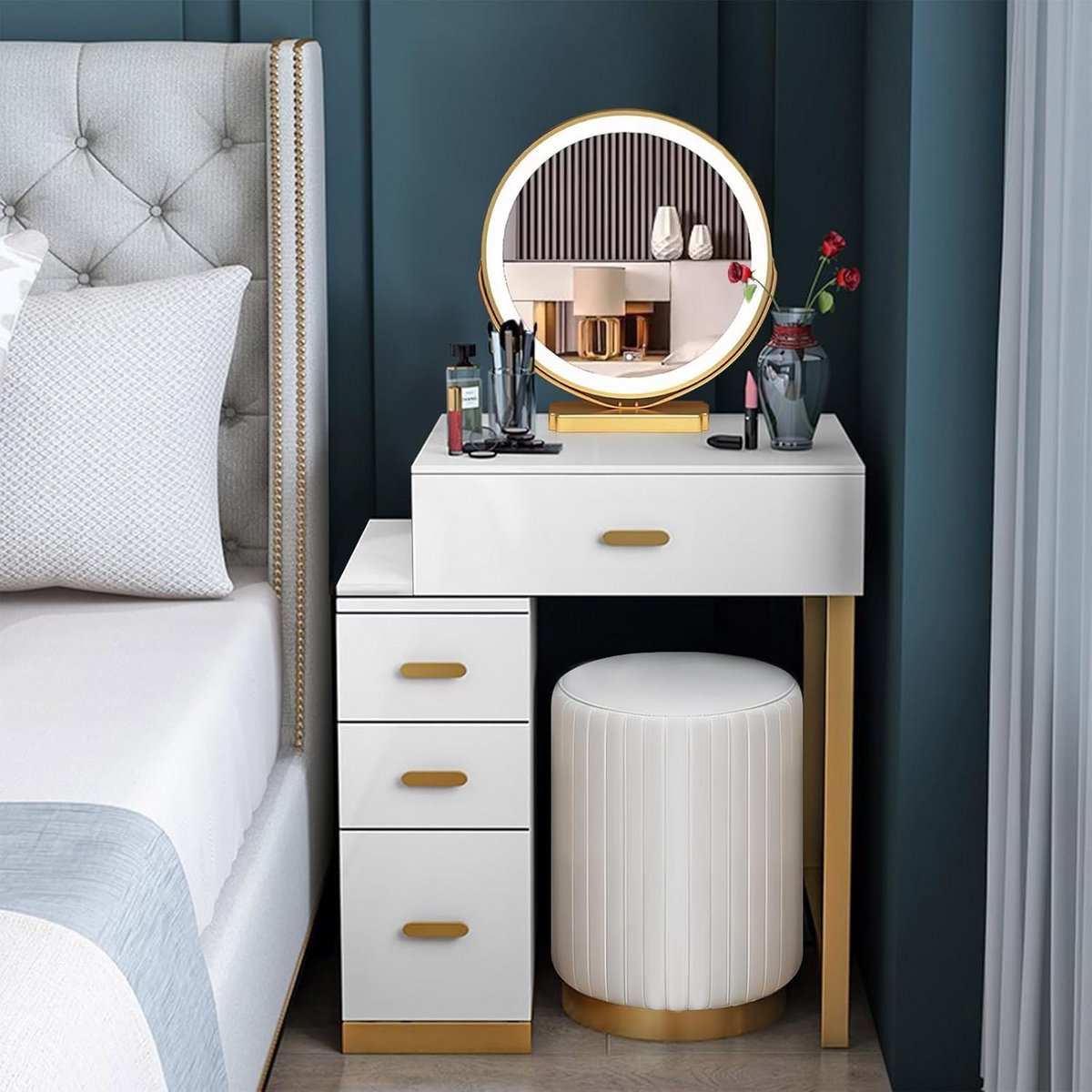 Moderne Kaptafel met LED Spiegel en Kruk - Make-up Tafel met 4 Lades