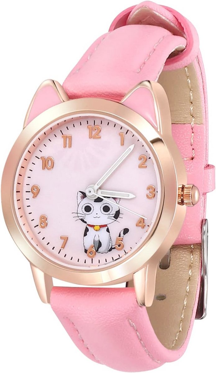 Schattig Kinderhorloge met Cartoon Kat Patroon - Roze Polshorloge voor Meisjes
