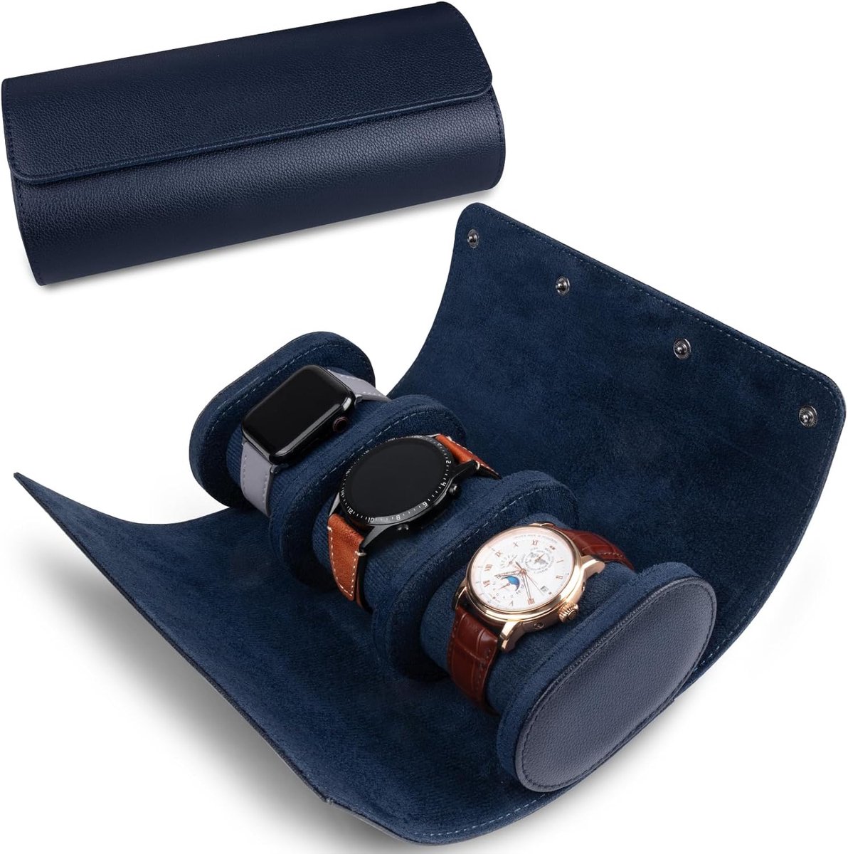 Luxe PU-lederen etui voor 3 horloge, opbergrol, ideaal als cadeauverpakking of horlogedoos voor een verjaardag,Blauw