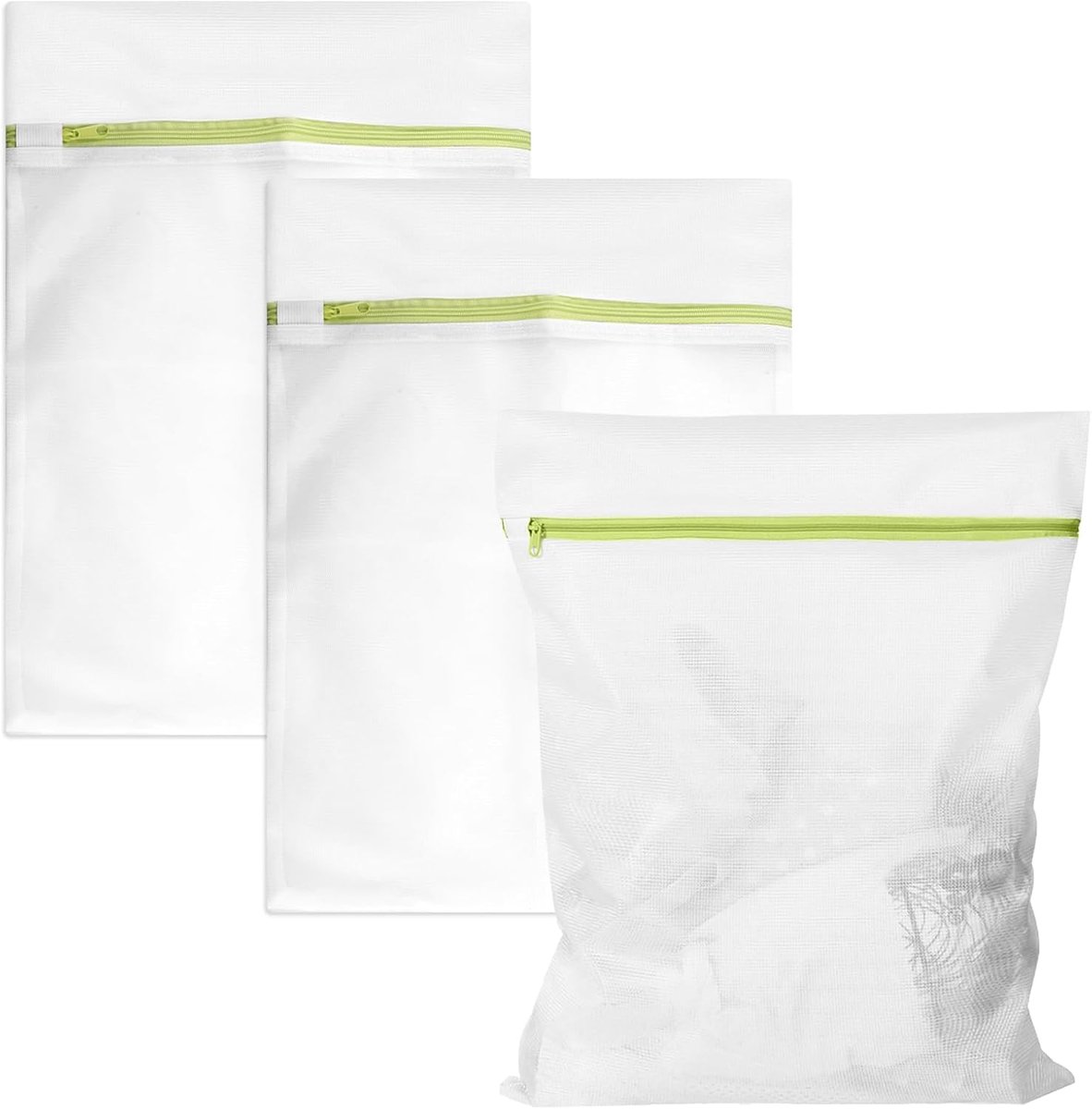Pack van 3 Mesh Waszakken - Wasnet voor Wasmachine 30 x 40 cm - Kleine Waszak met Groene Rits - Waszak voor Delicate Kleding - Bescherming voor Ondergoed, Lingerie, Sokken