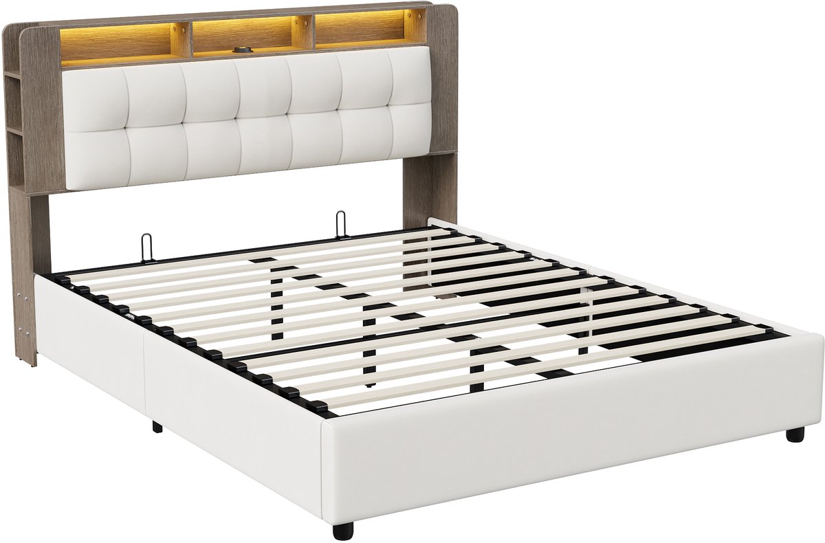 SHOPENTRA Opbergbed 160x200 cm - Beige fluwelen tweepersoonsbed thumbnail 5