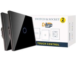 2-Pakket CNBINGO Enkel dimschakelaar voor dimmer ledverlichting, touch schakelaar Zwart, met touch systeem, glazen paneel en status-led, neutrale geleider is niet nodig, 1-voudig, wisselschakelaar