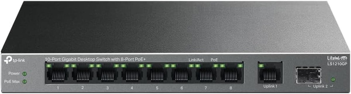 10-poorts Gigabit Ethernet Switch met 8 PoE+ Poorten - Plug & Play, Silent Operation voor Kantoor en Thuis