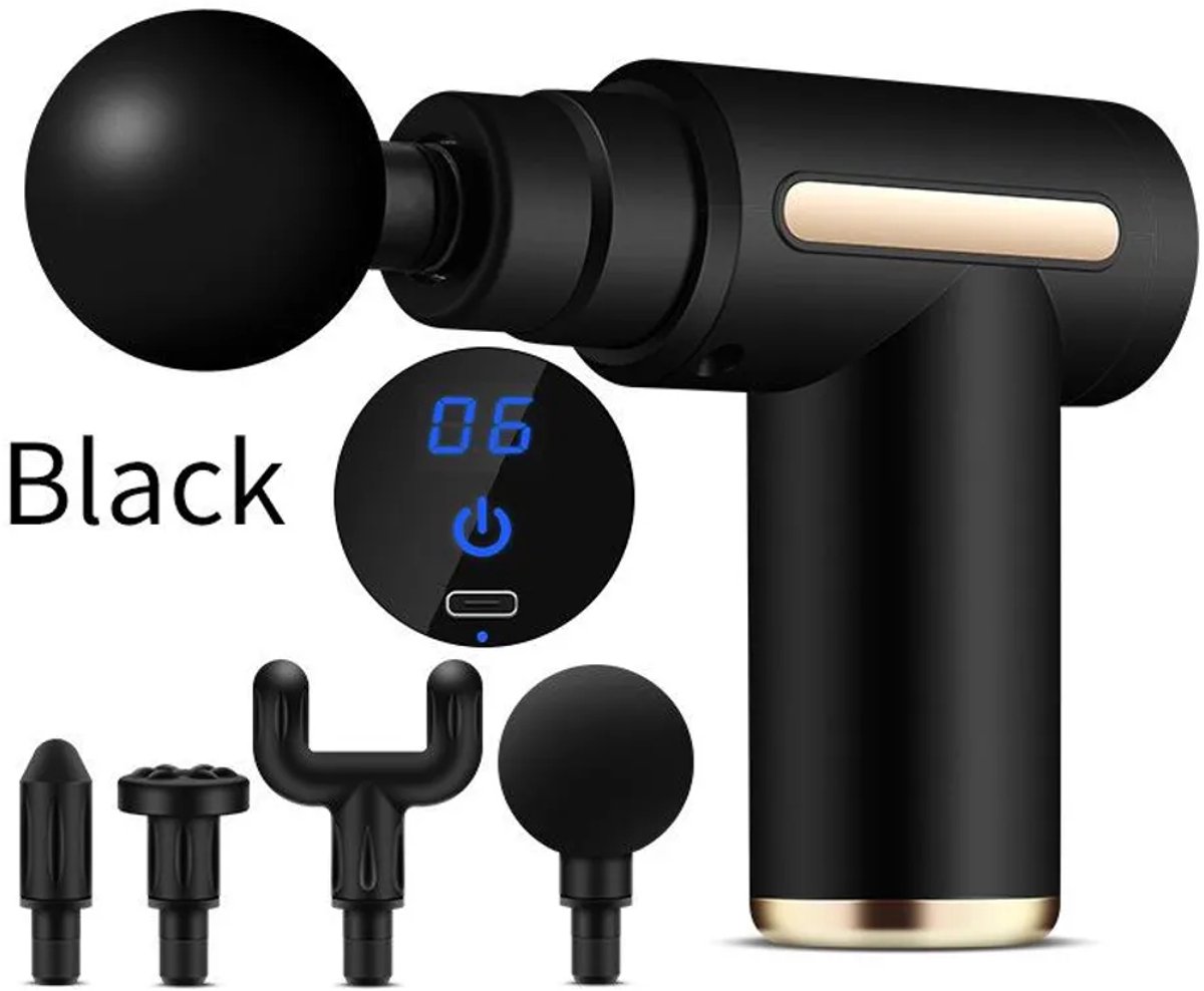 Dit 4-in-1 massagepistool is een compacte, draagbare en oplaadbare elektrische massager met een lcd-scherm, 5 snelheidsstanden en een 1000mAh-batterij voor spierontspanning.