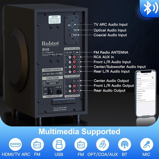 Surround Sound Thuisbioscoopsysteem 5.1/2.1 met Krachtige Subwoofer en Bluetooth — afbeelding 3