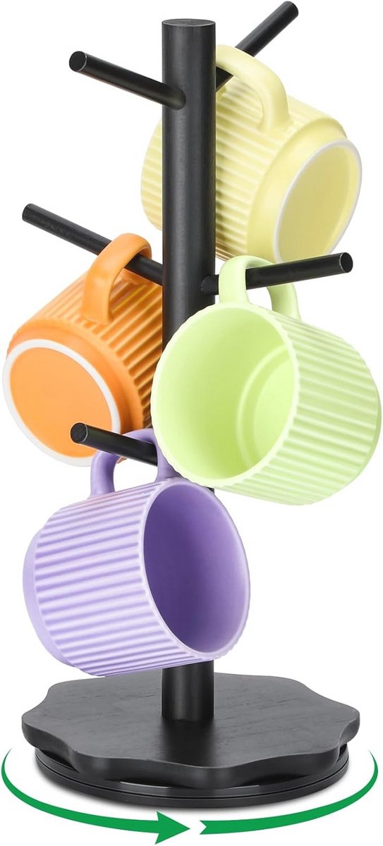 360° Rotatable Coffee Cup Holder - Thicker Bottom Mug Stand for Kitchen and Coffee Shop with 6 Hooks - Black
