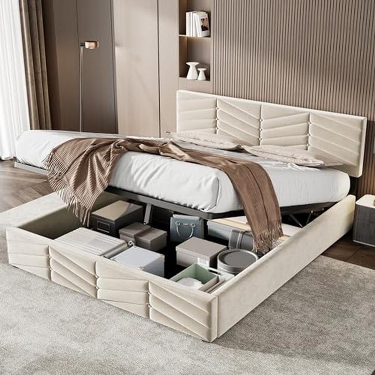 Tweepersoonsbed 140 x 200 cm met Opbergruimte en Lattenbodem – Verstelbare Hoofdeinde – Dubbel Gestoffeerd – Beige