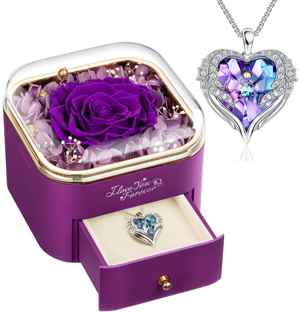Namajunas - Roses of Eternity - Bewaarde Roos met Engelenvleugels Ketting in Sierradendoos - Luxe Geschenkdoos – Romantisch Juwelendoos Cadeau voor Vrouw, Vriendin of Moeder – Kerstcadeau, Valentijn, Verjaardag, Jubileum & Moederdag