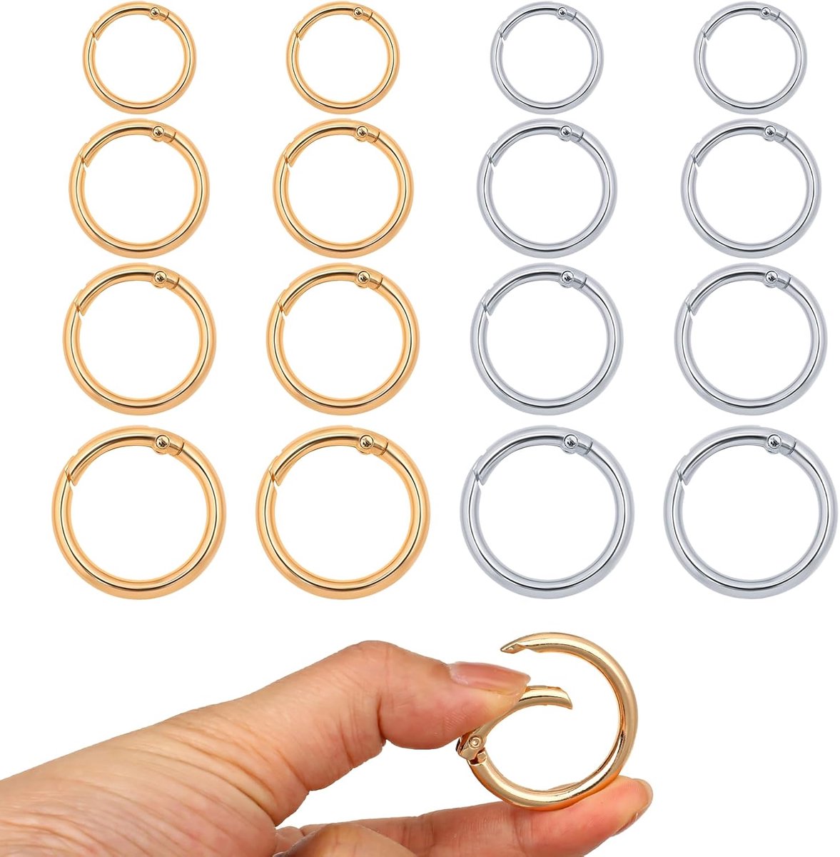 Pack van 16 ronde karabijnhaken - veer O-ringen - zinklegering karabijnhaken 20/23/25/33mm - gouden metalen kleine veer splitringen - sleutelhanger accessoires voor sleutelhanger tas handtas