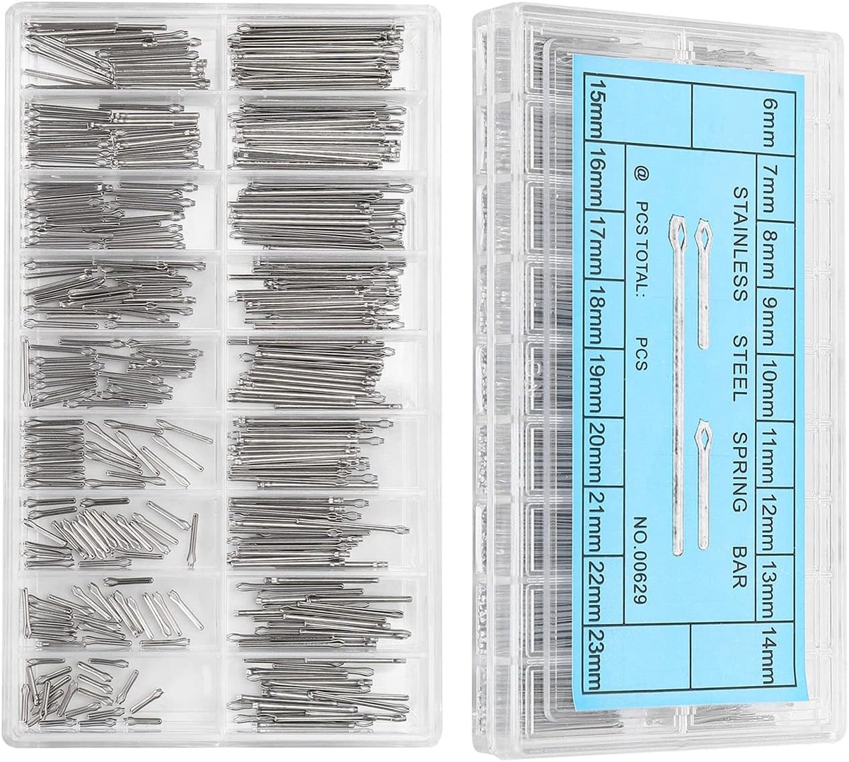 360pcs RVS Veerstangen - 18 Verschillende Maten - 6-23mm - Splitpennen voor Armbandverbinding - Cotter Pin voor Horloge Onderdelen