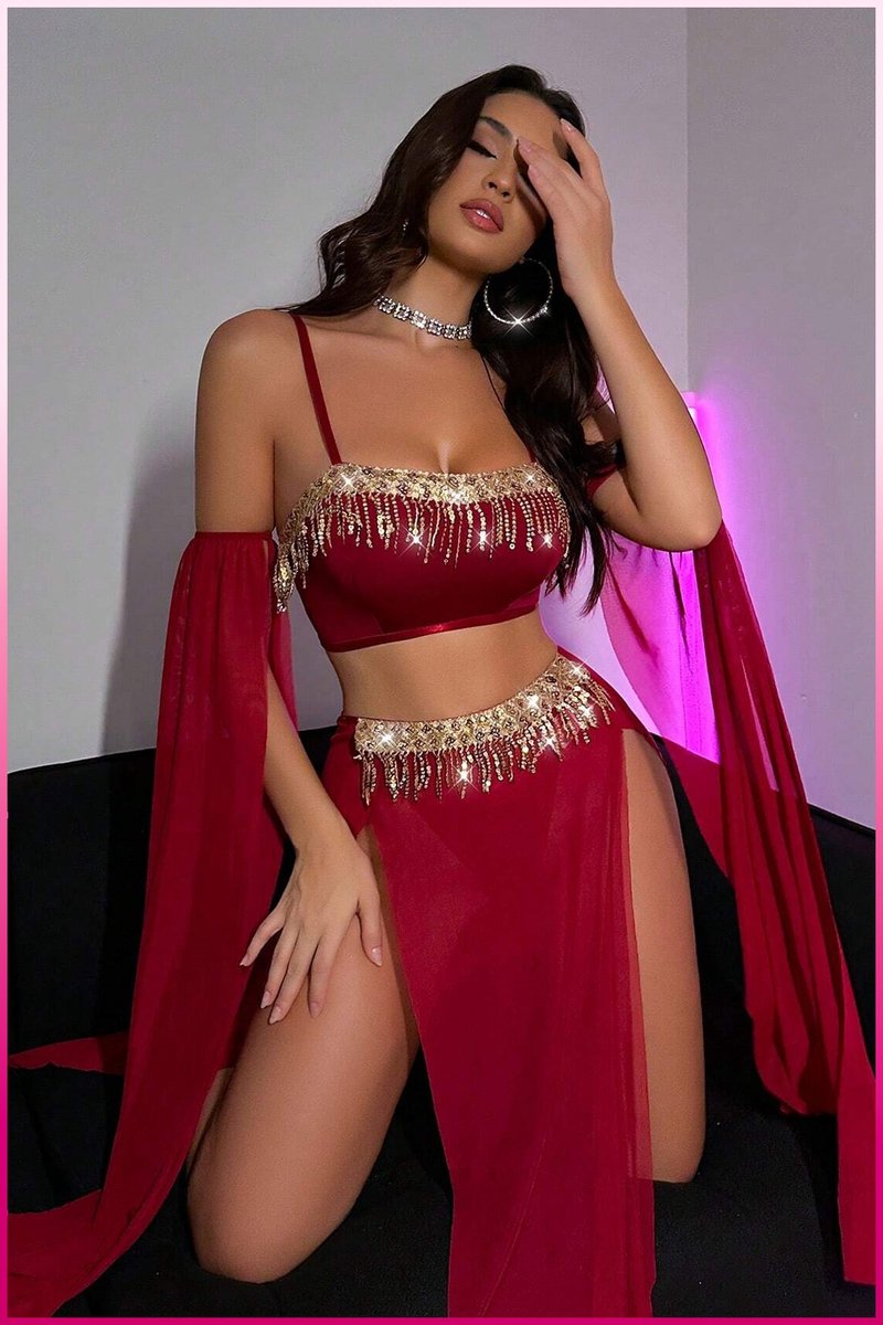 Purple-Daisy Luxe product Transparante tule Provocerende paillettenaccessoire 4-delige set Oosterse kostuum Sexy buikdanseressenoutfit PDS0049-R - Maat S/M - ROOD