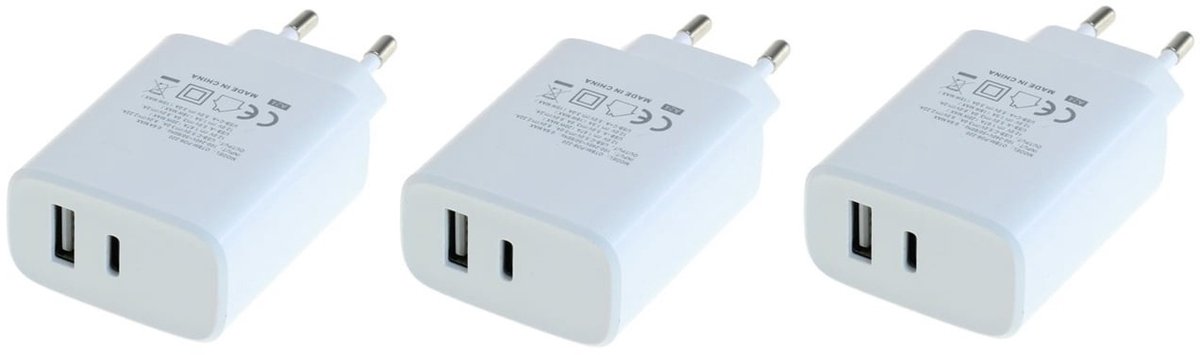 3 stuks OneOne 20W snellader met 2 poorten. Witte oplader met USB C en USB A. PD en Quick Charge lader adapter past op Universeel Microsoft, LG, Lenovo, HTC, Honor, Samsung Galaxy, Motorola Moto, Google Pixel, Kobo (Rakuten), Apple iPhone / iPad