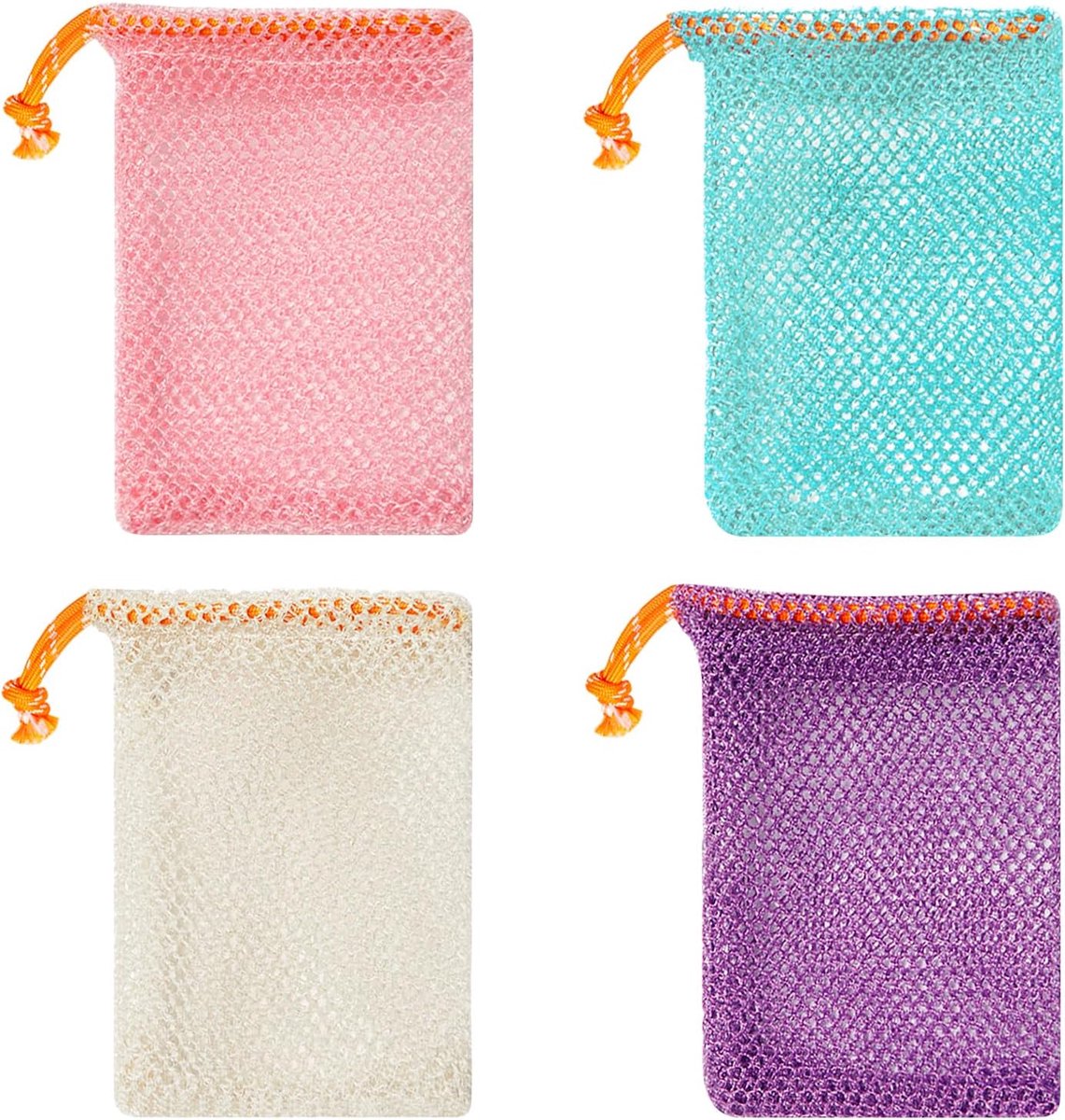 Pack of 4 Nylon Soap Bags - Kleurrijke Zeepzakken met Trekkoord - Zeepzak voor Vaste Zeep - Exfoliërende Lichaamsscrubber voor Douche en Droog Zeep