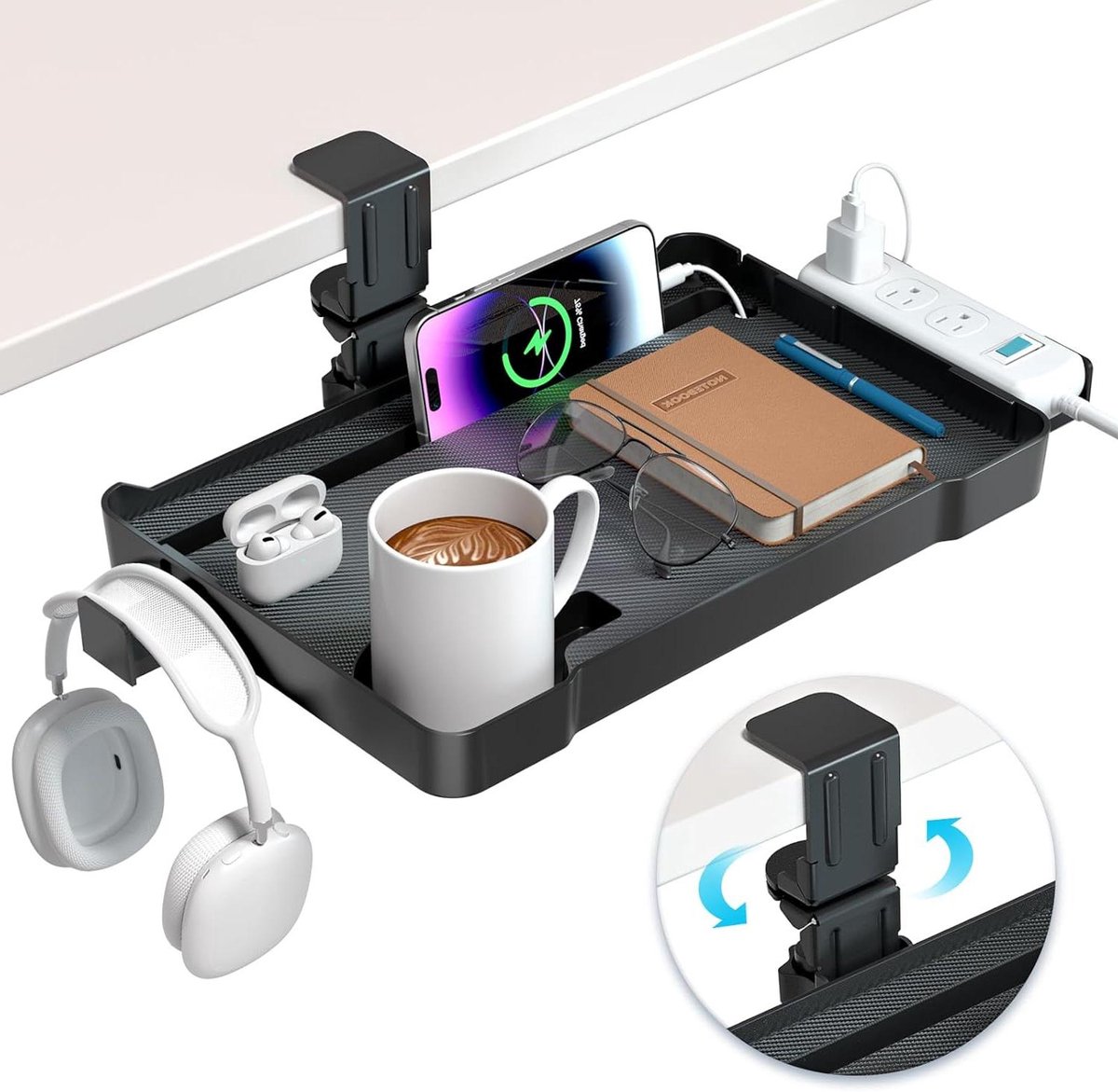 CSGoods - Draaibare klem bureauorganizer met hoofdtelefoonhanger, telefoon- en tabletsleuf, bekerhouder - thuiskantoor opslag.