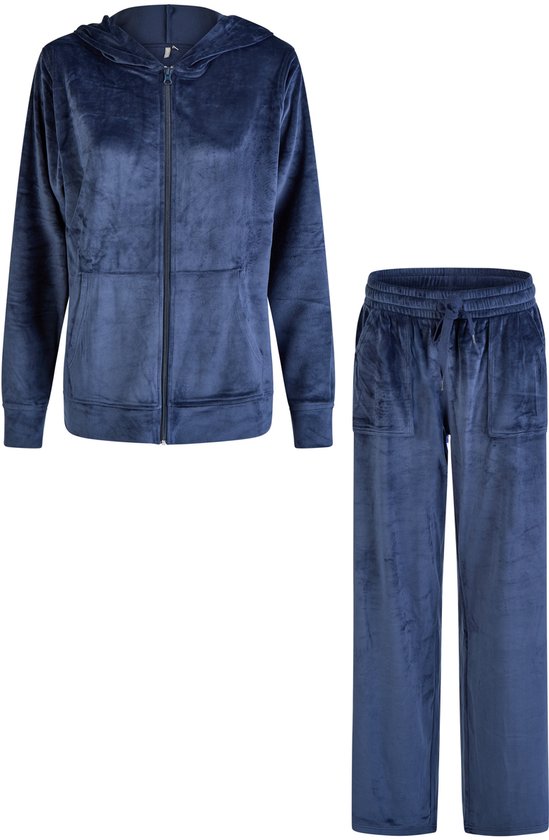 By Louise Dames Huispak Met Rits Velours Effen Blauw - Maat S