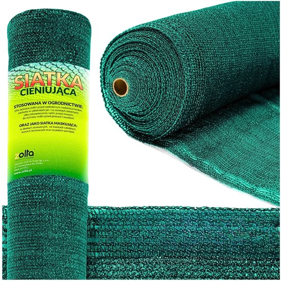 Donkergroen schaduwdoek met productverpakking en een close-up van de textuur.