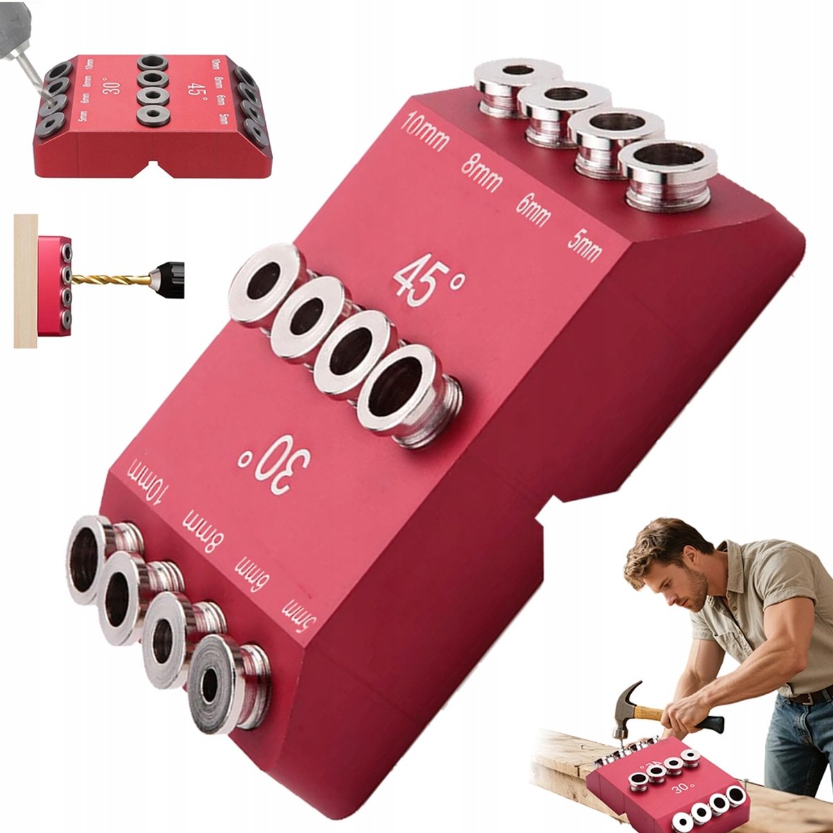 Boormallen voor houtbewerking - Houtbewerkingsgatboor - Boormal - 4 Gaten Houtboor Gids - 30°/45°/90° Hoeken - Rode Aluminium Model - Voor Trapleuning en Meubel