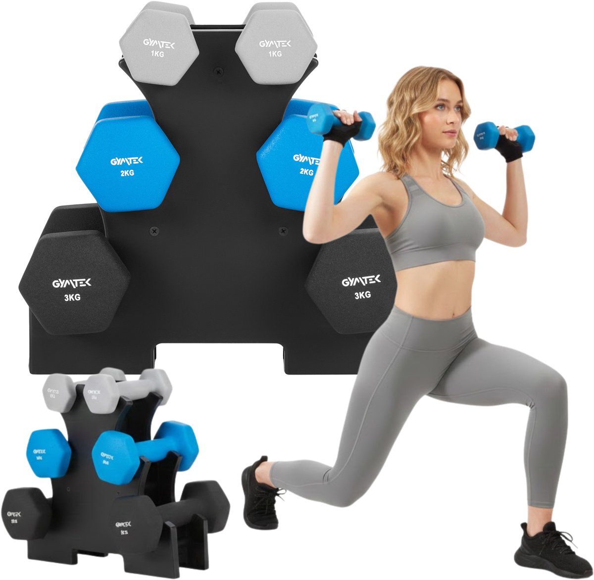 Gymtek® Halterset op Standaard - 2x 1kg, 2x 2kg, 2x 3kg Halters - met Halterstandaard - Halter Set voor Krachttraining