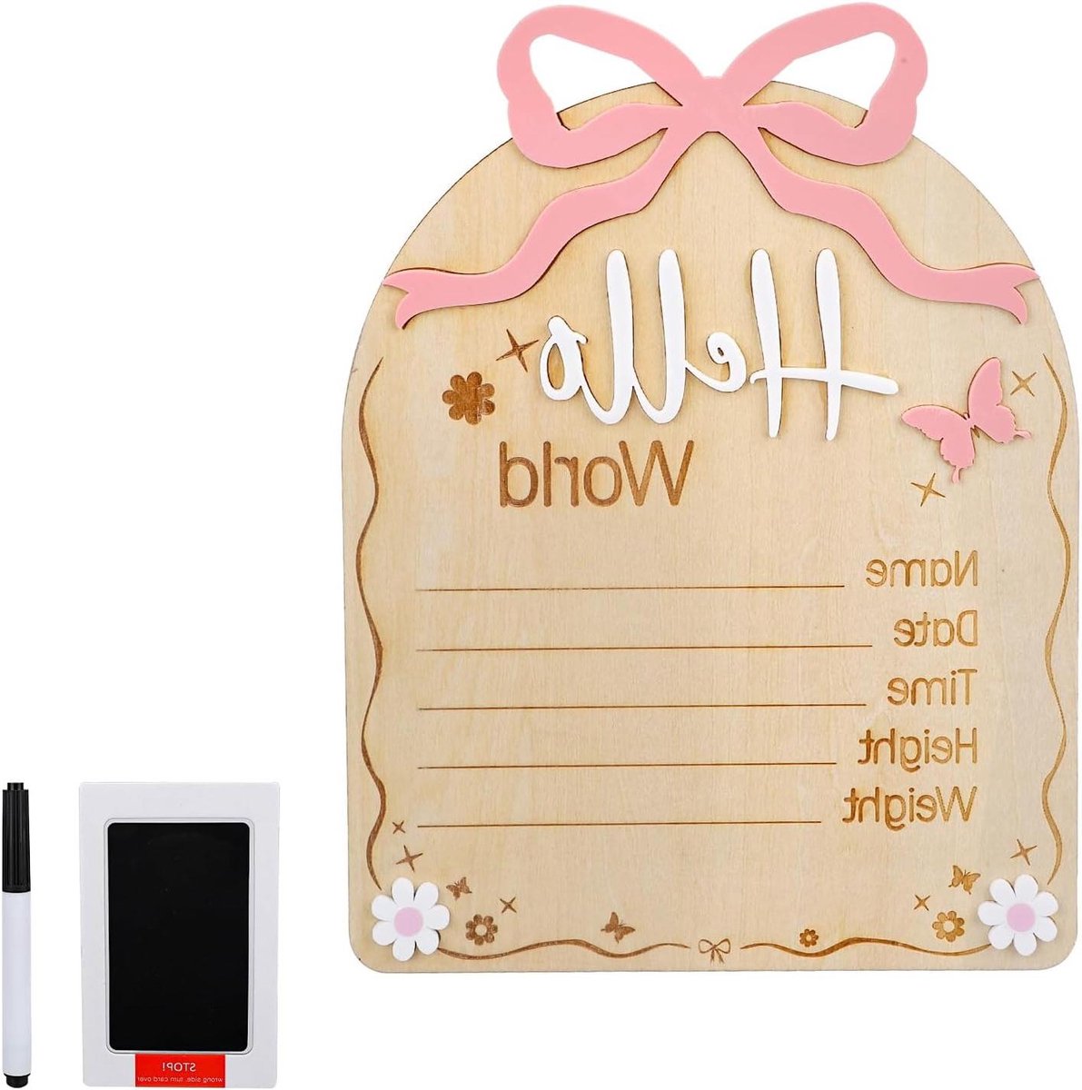 Allecta - Houten Bord Aankondiging Baby Meisje met Roze Strik 16,5x20cm - Hand en Voetafdruk - Babyshower Decoratie