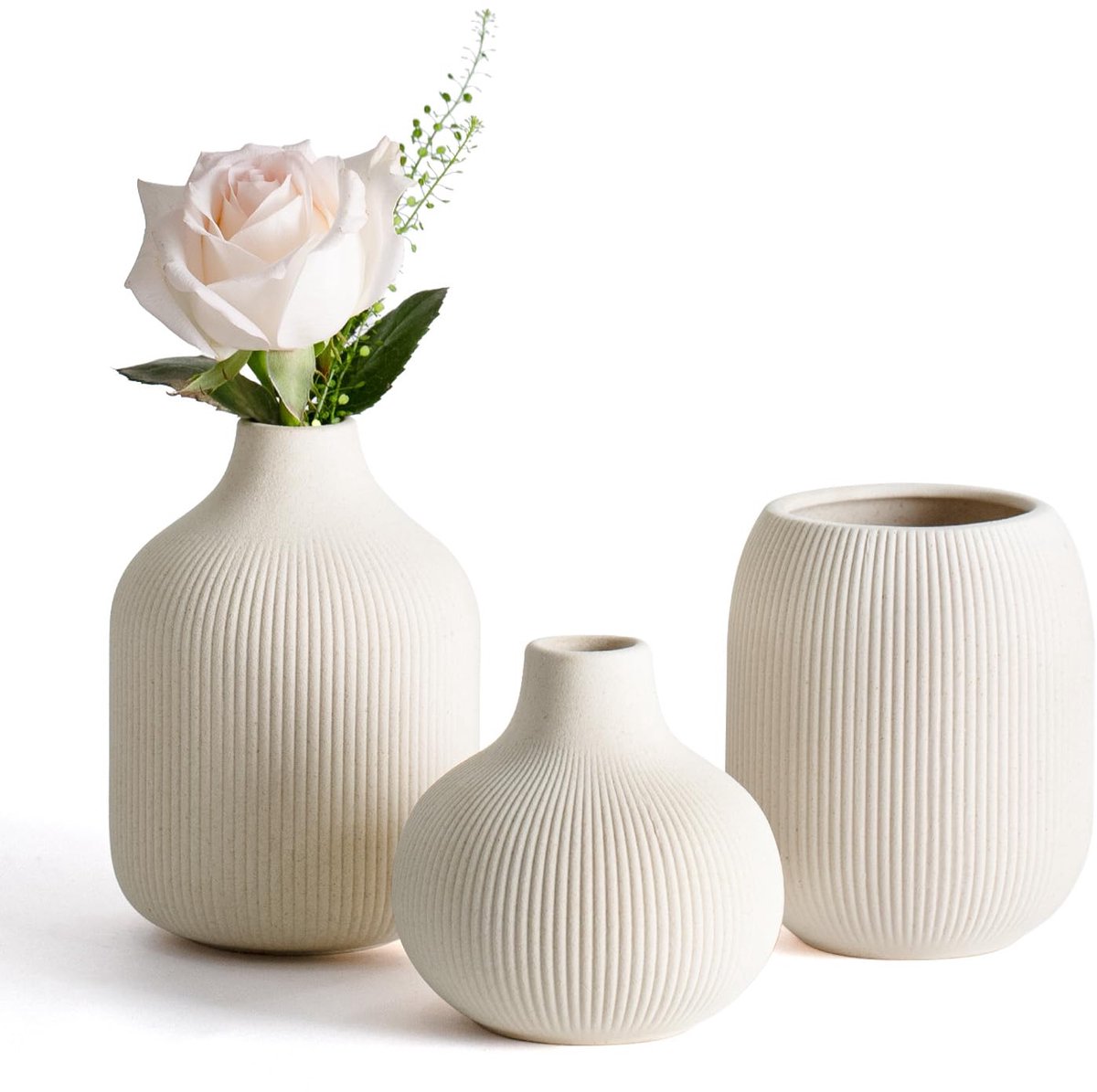 Unyqoos Set van drie stijlvolle beige keramische vazen voor moderne interieurdecoratie, 3 stuks, 15cm, 12.5cm, 10.5cm