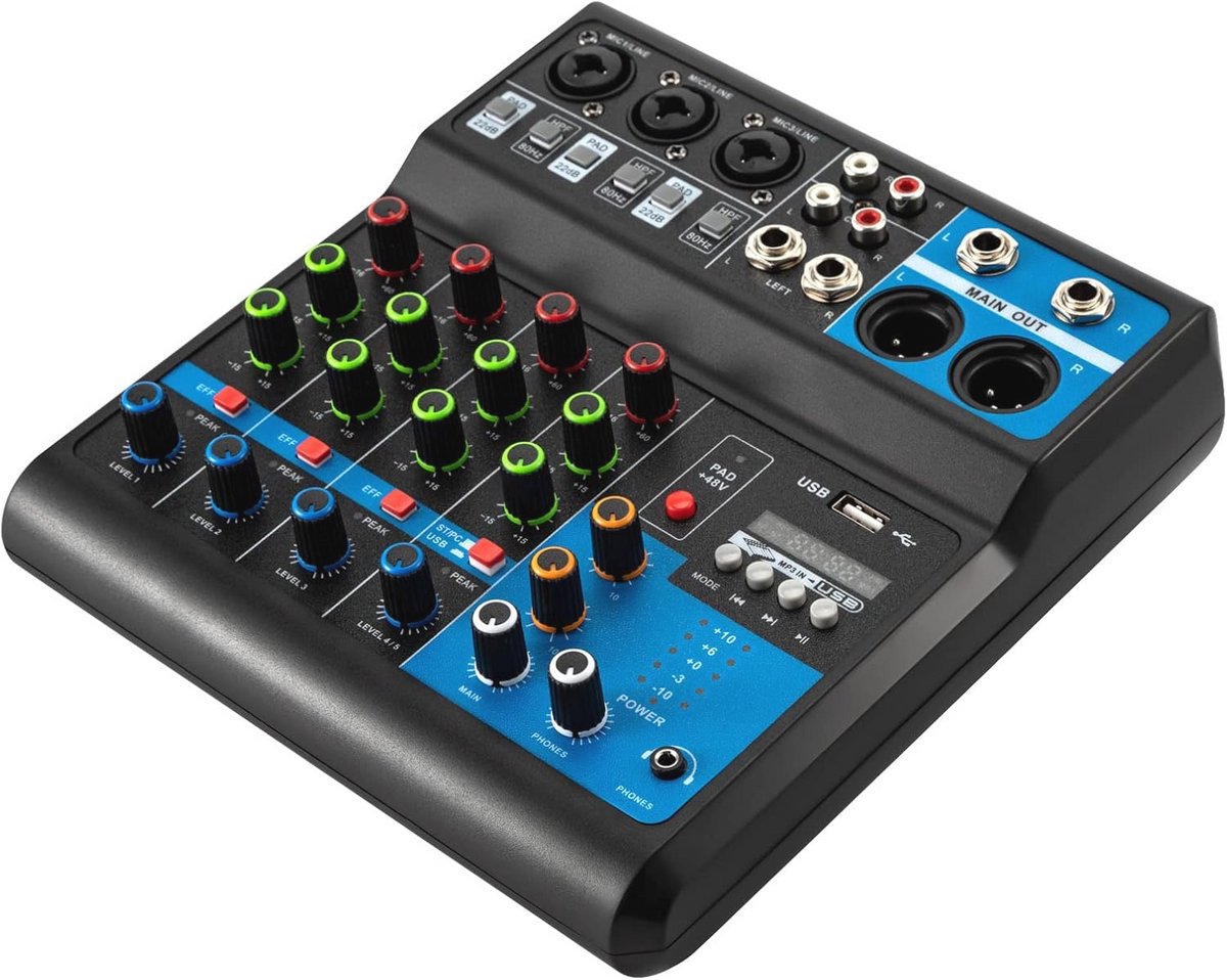 Professionele 5-kanaals audio-mixer met USB en Bluetooth voor DJ's en opnamefeesten