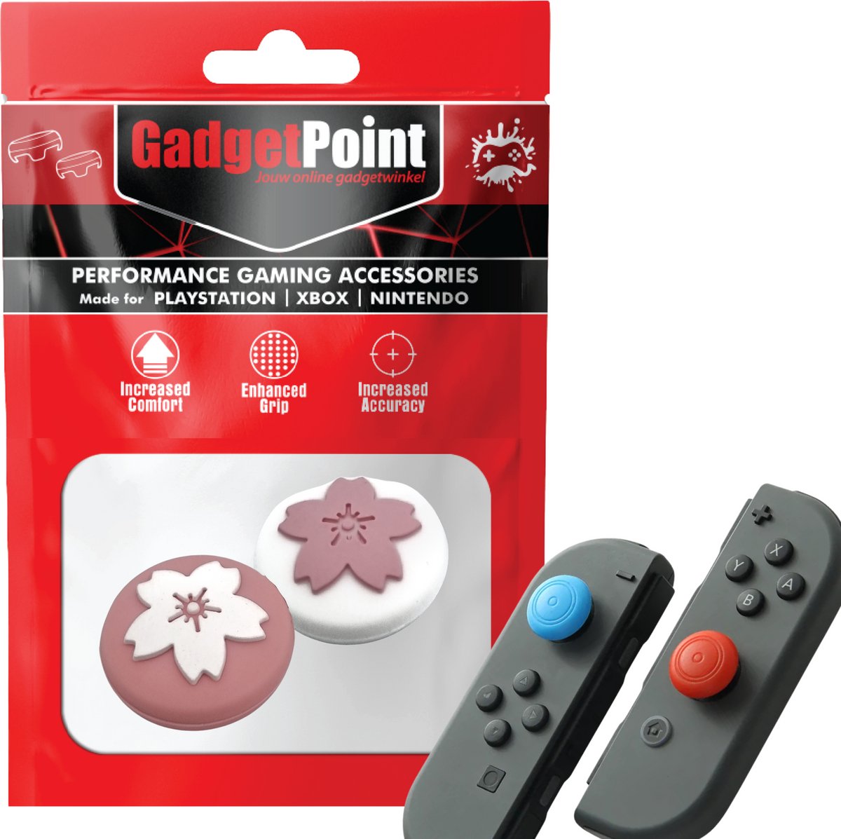 Gadgetpoint - Thumb Grips voor Nintendo Switch Joy-Con Controllers - Gaming Thumbgrips - Performance Anti-Slip Thumbsticks - Bescherming Accessoires - Bloemetjes - Roze/Wit