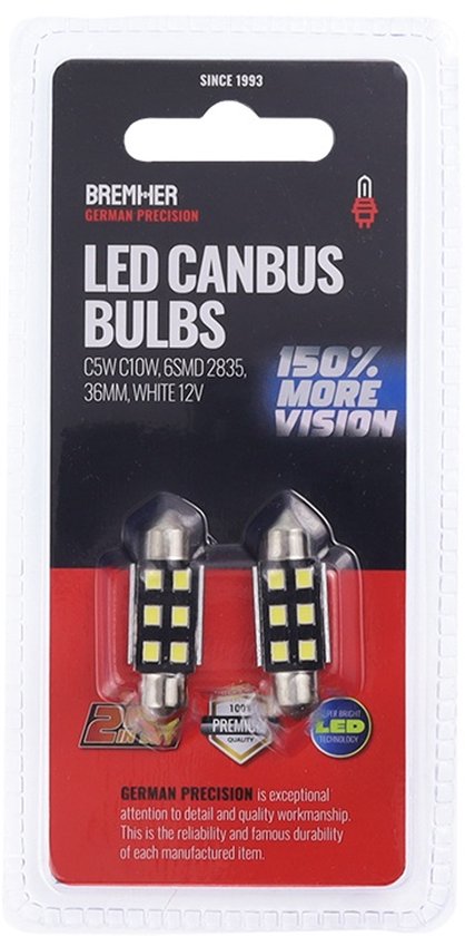 Verpakking met twee witte LED Canbus lampen, 36mm, 12V.