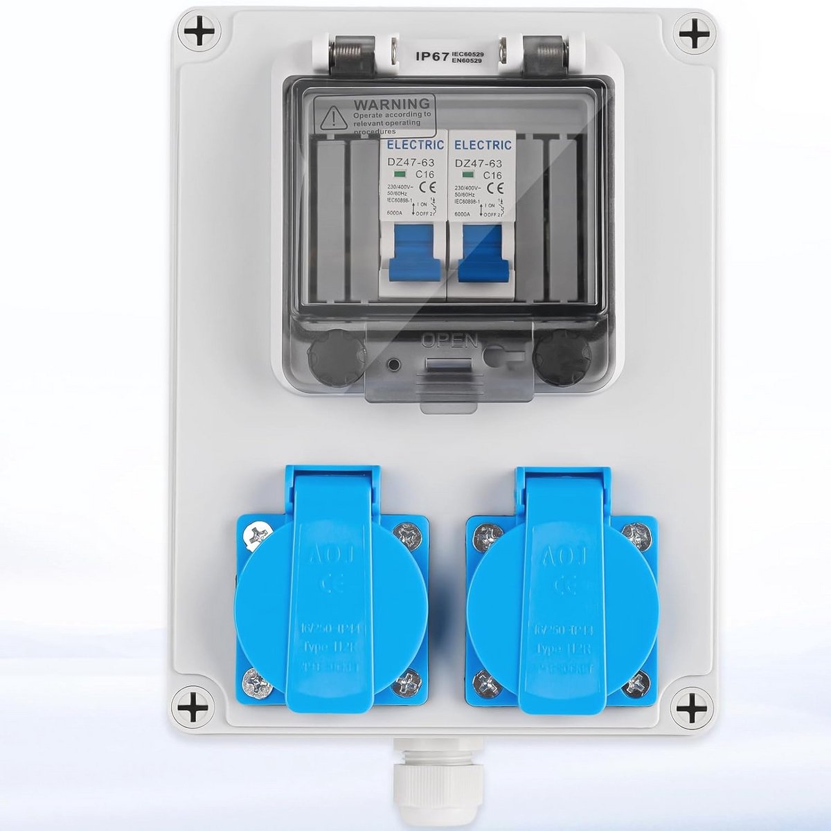 Bouwstroomverdeler met 2 x 230 V Schuko stopcontacten en stroomonderbreker - Waterdichte wandverdeler voor binnen en buiten