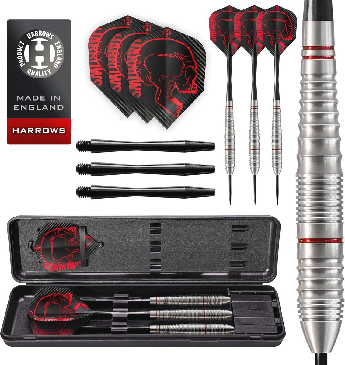 Harrows Rage Tungsten Style Dart Flights | Steel Tip Darts Set with Carrying Case | 21g, 22g, 23g & 24g| Includes Speedline Shafts & 100 Micron Rage Flights 22g