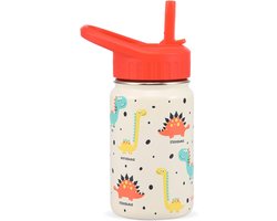 SANTECO Drinkfles voor kinderen, roestvrij staal, 350 ml, met rietje, BPA-vrij, waterfles, eenvoudig te reinigen, thermoskan voor jongens en meisjes, voor kleuterschool, school, dino