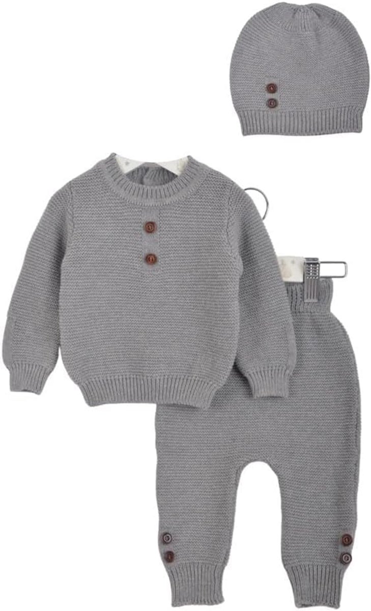 Gebreide Set voor Baby: Broek, Trui en Muts - Grijs