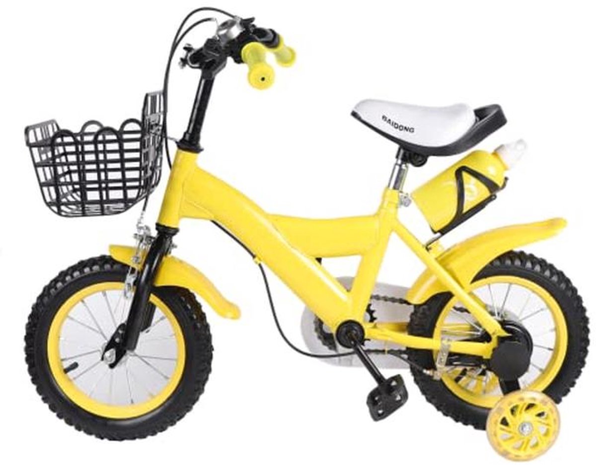 Kinderfiets 12 inch geel met opbergmand en steunwielen voor jongens en meisjes