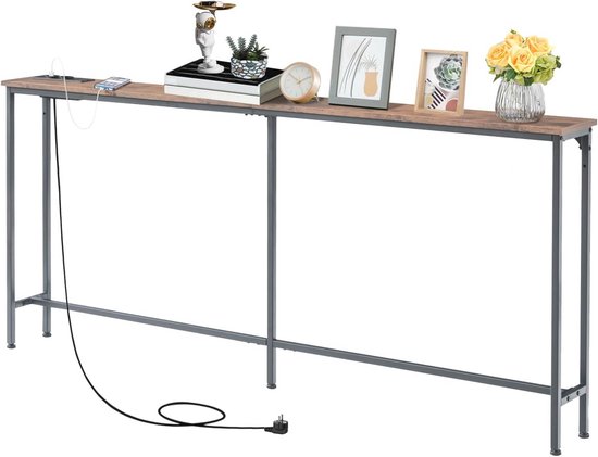 SONGXIN 63 Inch Console Tafel met Stopcontact, Moderne Smalle Sofa Tafel Achter Bank, Skinny Entry Tafel met Goud Metalen Frame voor Entree, Woonkamer, Hal, Marmer Wit
