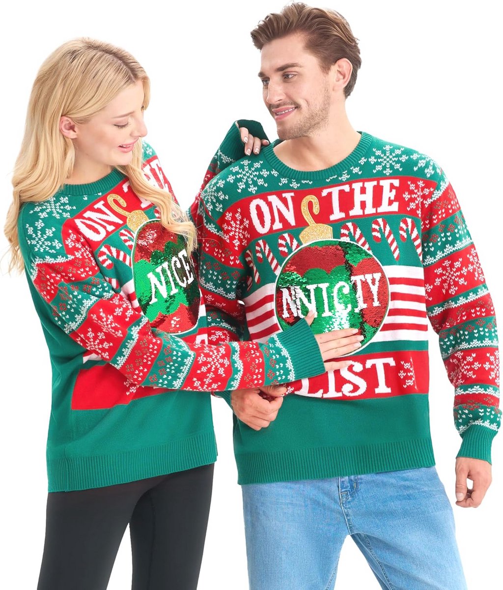 Giggling Getup Lelijke kersttruien voor heren, ondeugende kersttrui met pailletten, grappige lelijke kersttrui groen
