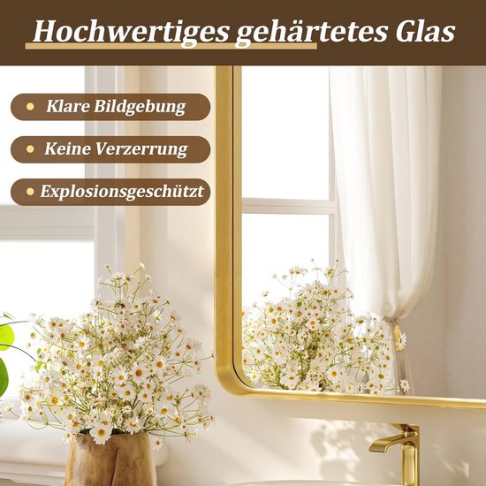 Melodieux Wandspiegel 60 x 90 cm, goud rechthoekige spiegel, badkamerspiegel, decoratieve spiegel om aan de muur te hangen, horizontaal of verticaal, voor slaapkamer, woonkamer, gang