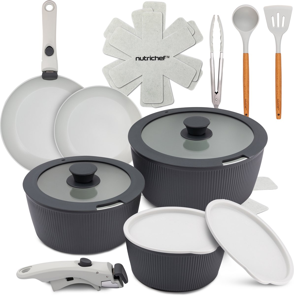 NutriChef 18-delige Pannenset Inductie - Anti-aanbak Pannen en Potten Keramische Kookgerei Set met Afneembare Handgrepen - PTFE- Oven- en Fornuisbestendig - Inclusief Keukengerei, Grijs