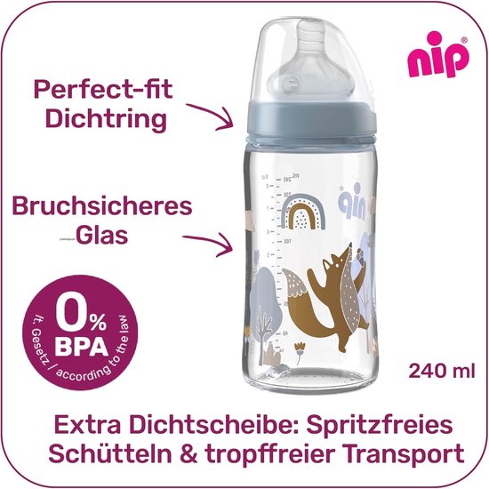 Brede hals baby drinkfles met anti-koliek en Actiflex systeem - BPA-vrij, glas, 240 ml — afbeelding 2