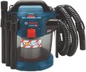 Bosch Professional bouwstofzuiger, blauw en transparant, met rode details en drie zwarte buizen aan de voorkant.