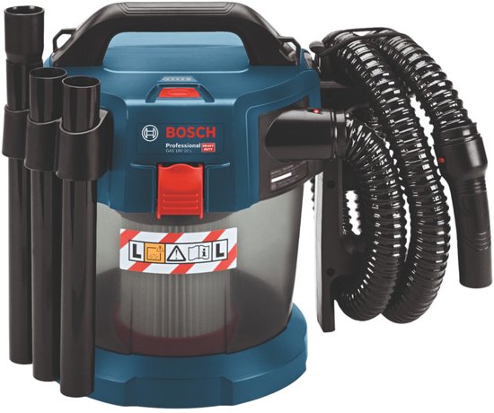 Bosch Professional bouwstofzuiger, blauw en transparant, met rode details en drie zwarte buizen aan de voorkant.