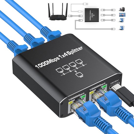 LAN Splitter 1 naar 4 - Gigabit Ethernet Splitter met RJ45, 1000 Mbps ...
